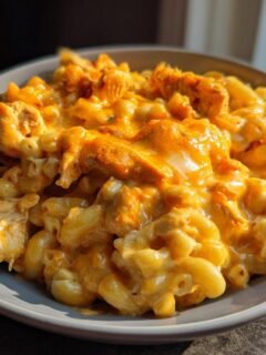 A close-up of a bowl filled with Irresistible Buffalo Chicken Mac and Cheese, showing creamy pasta and saucy chicken.