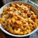 A close-up of a bowl filled with Irresistible Buffalo Chicken Mac And Cheese, featuring pasta, chicken pieces, and melted cheese.