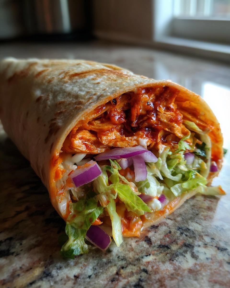 Close-up of an Irresistible Buffalo Chicken Wrap filled with shredded chicken, lettuce, and red onion.