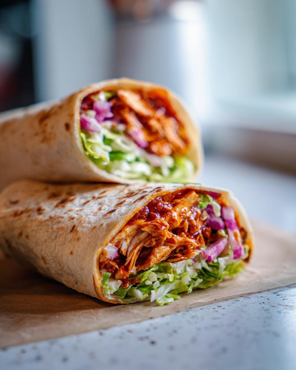 Close-up of two halves of an Irresistible Buffalo Chicken Wrap, filled with shredded chicken, lettuce, and red onion.