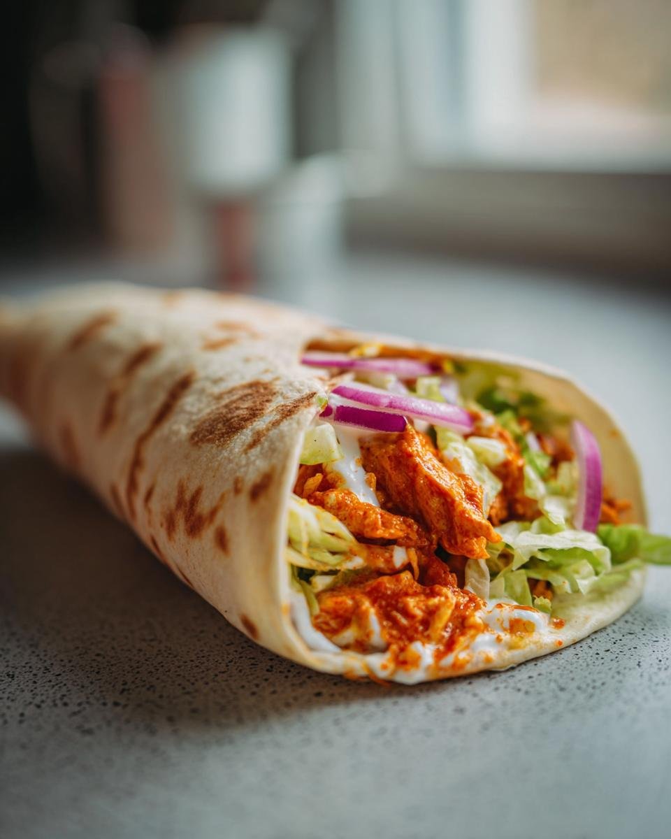 Close-up of an Irresistible Buffalo Chicken Wrap filled with spicy chicken, shredded lettuce, red onion, and creamy sauce.