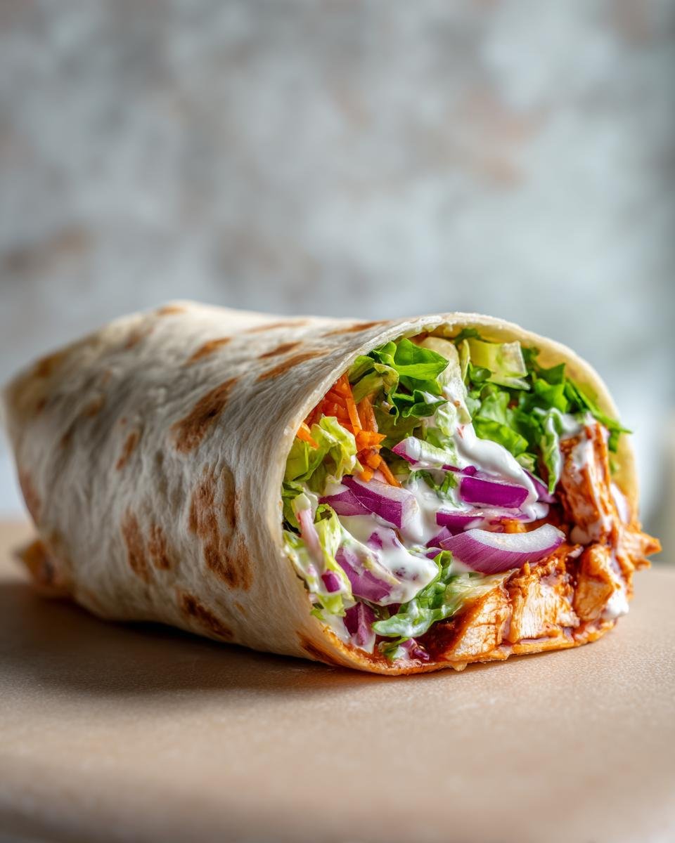 A close-up of an Irresistible Buffalo Chicken Wrap filled with shredded lettuce, carrots, red onion, and creamy dressing.