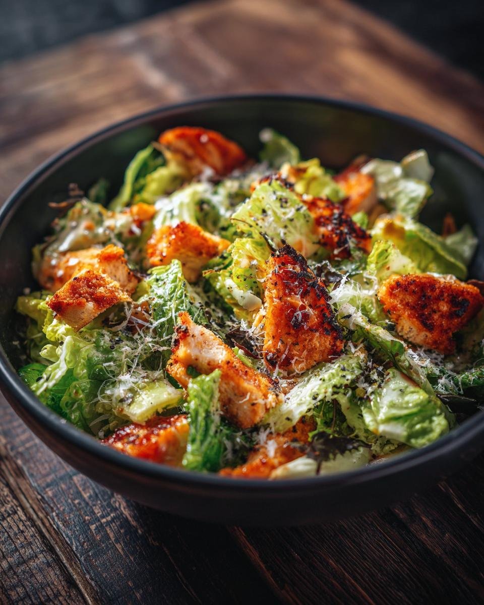 A close-up of an Irresistible Caesar Salad Recipe with grilled chicken pieces, romaine lettuce, and shaved parmesan cheese.