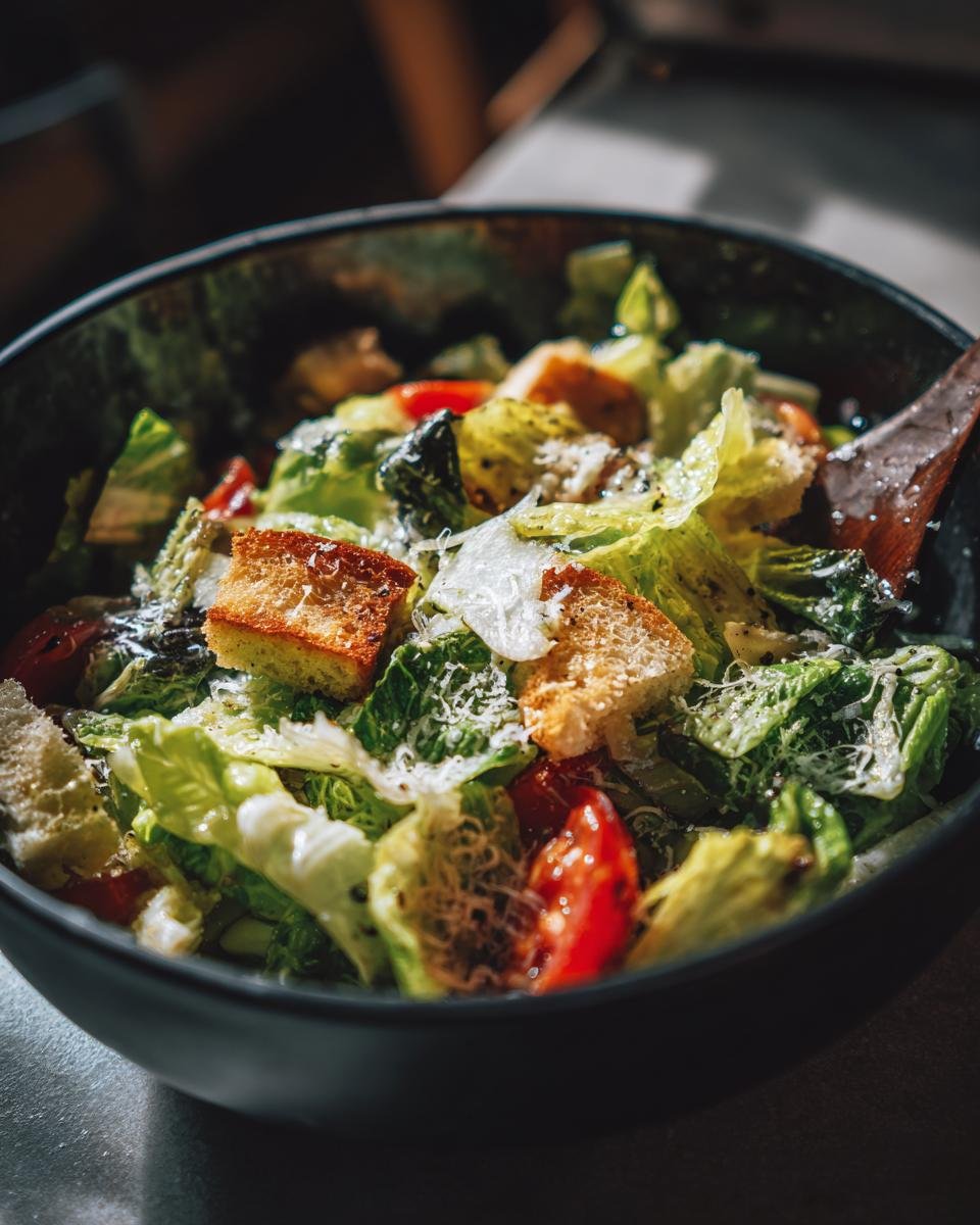 Close-up of an Irresistible Caesar Salad Recipe with crisp romaine lettuce, croutons, cherry tomatoes, and parmesan cheese.