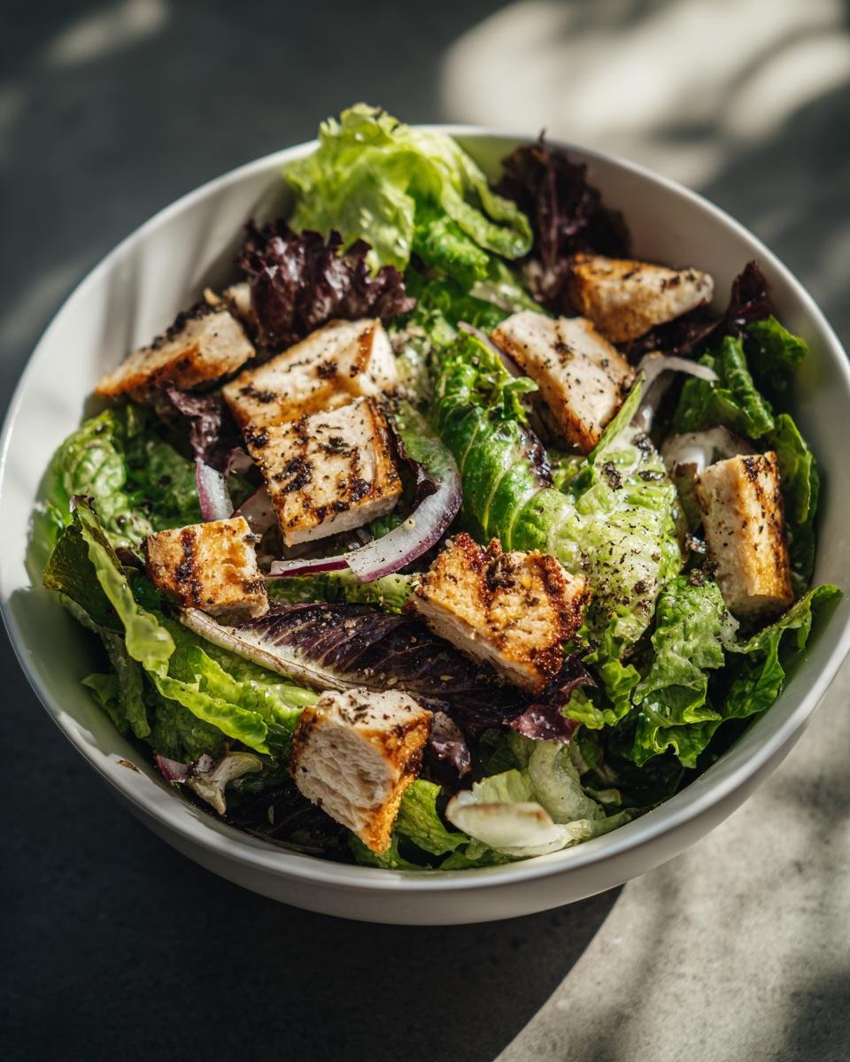 Close-up of an Irresistible Caesar Salad Recipe with fresh lettuce, grilled chicken pieces, and red onion.