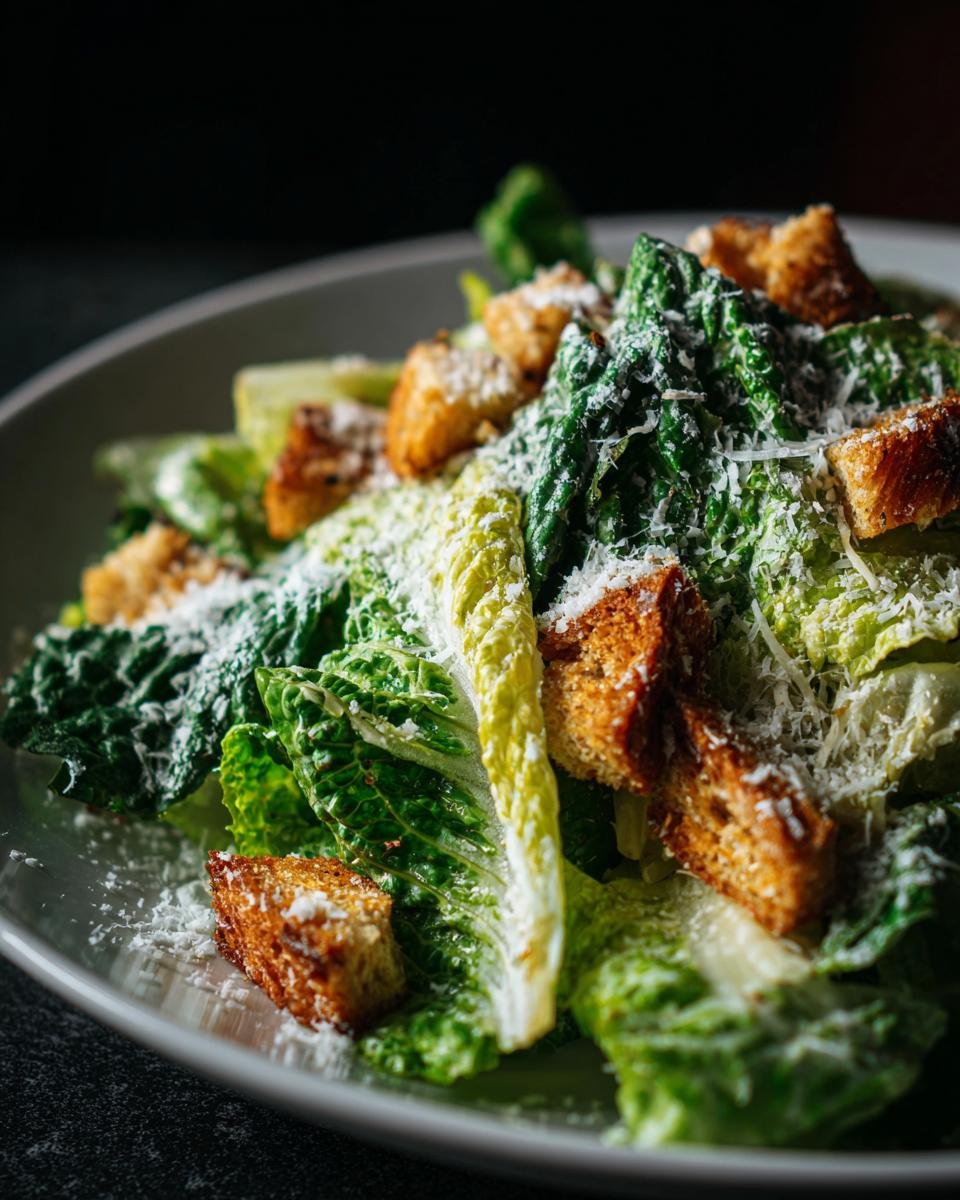 Close-up of a delicious Irresistible Caesar Salad Recipe with crisp romaine lettuce, crunchy croutons, and shaved Parmesan cheese.