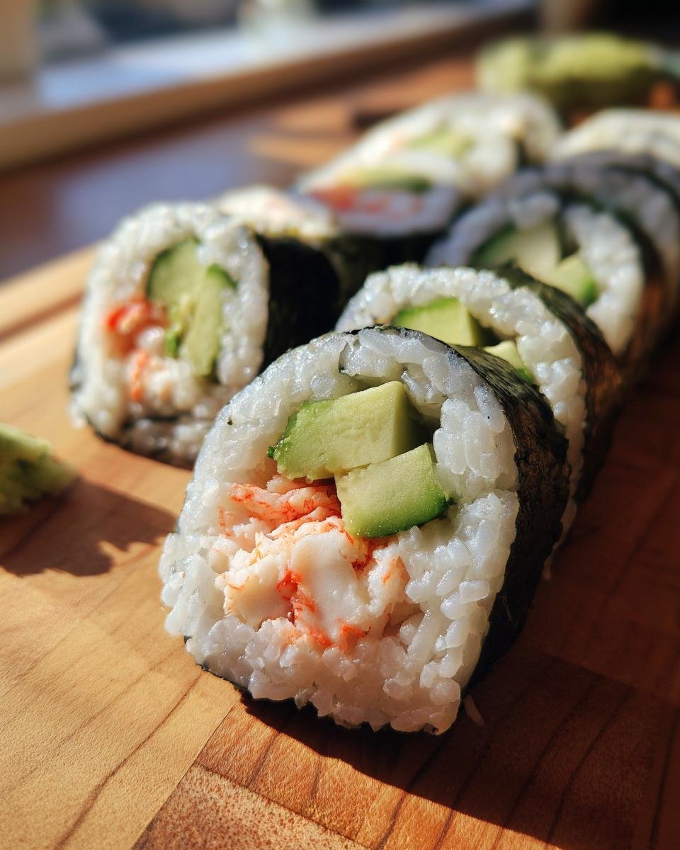 Close-up of an Irresistible California Roll Sushi with avocado, crab, and cucumber on a wooden board.
