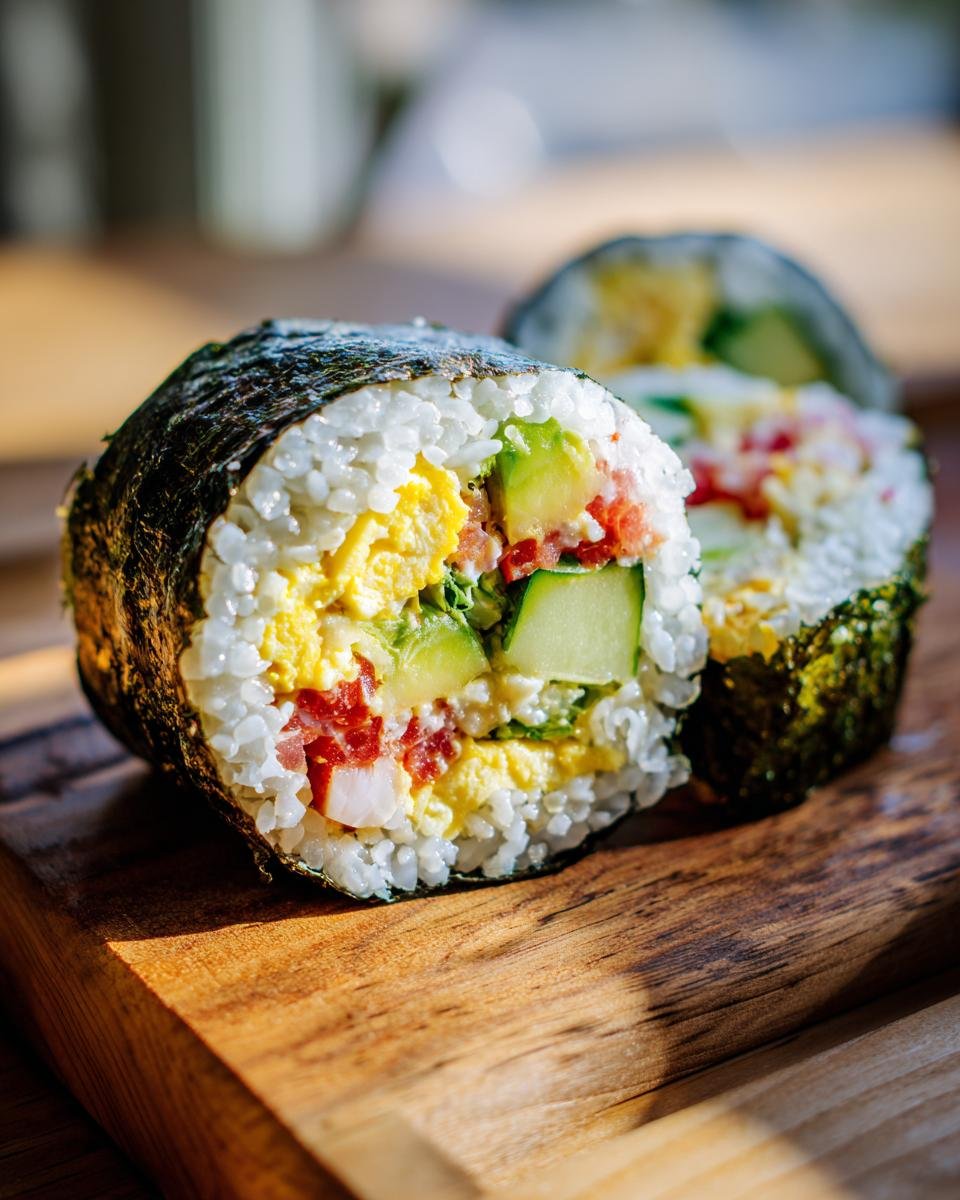 Close-up of an irresistible California Roll Sushi with avocado, cucumber, and crab stick filling.