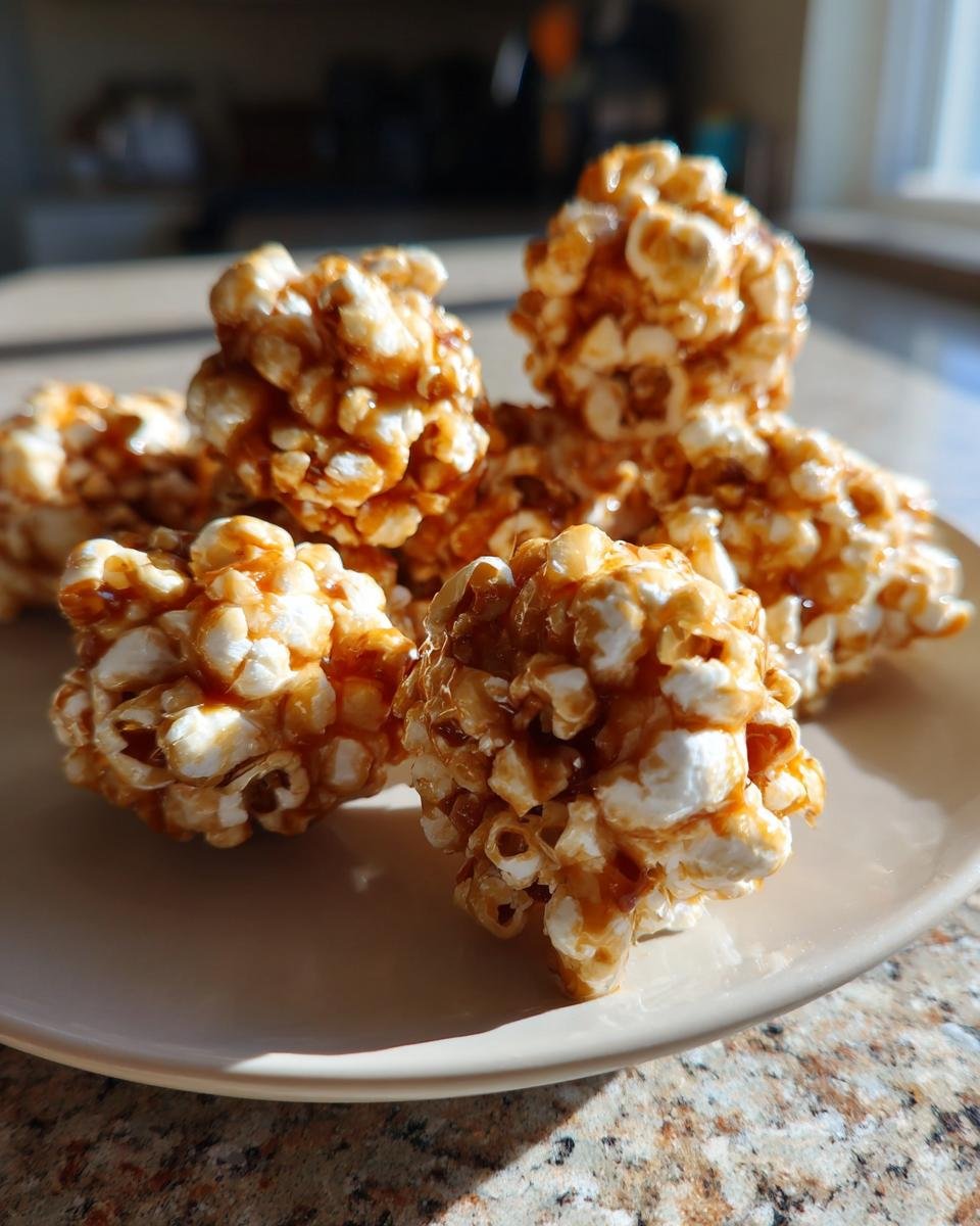 A close-up shot of several Irresistible Caramel Popcorn Balls piled on a plate, glistening with caramel.