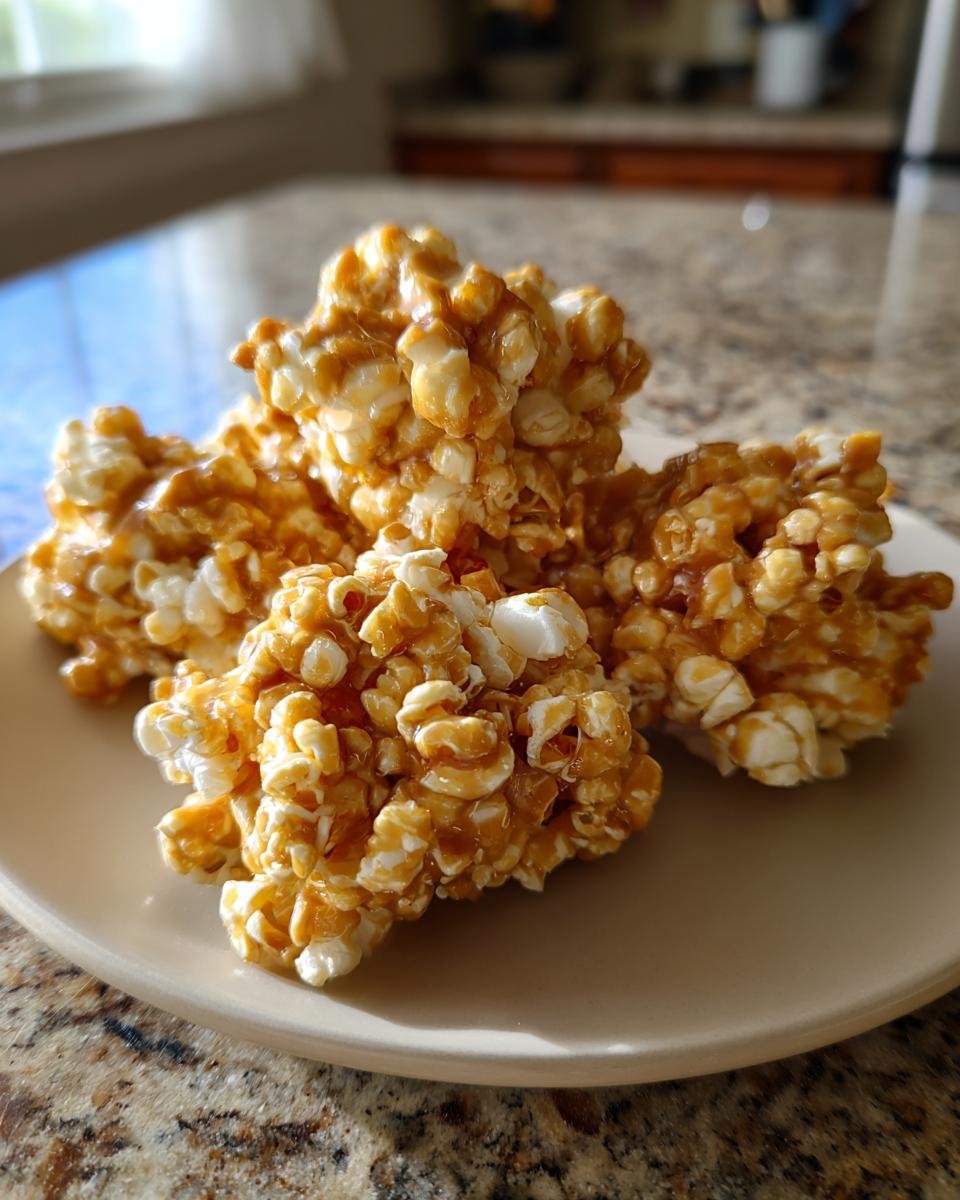 A close-up of several Irresistible Caramel Popcorn Balls piled on a beige plate, glistening with caramel.