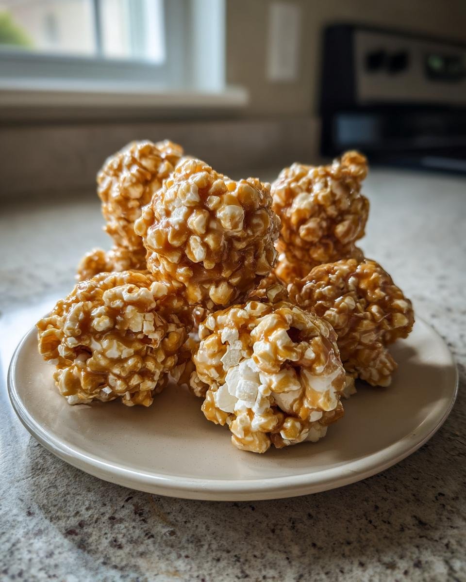 A stack of Irresistible Caramel Popcorn Balls on a plate, glistening with caramel.
