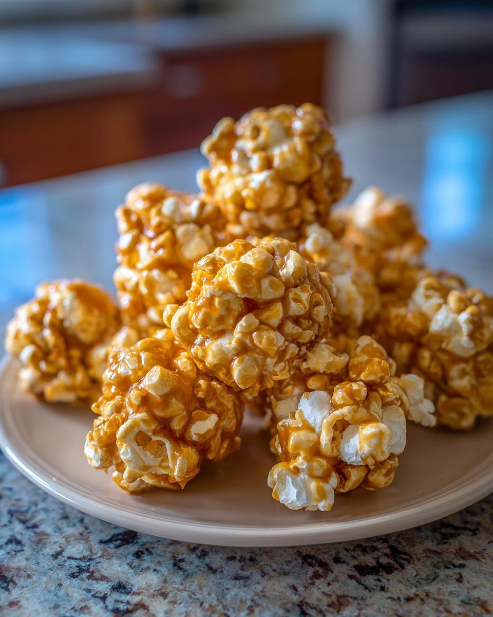 A close-up of a pile of Irresistible Caramel Popcorn Balls, glistening with caramel.
