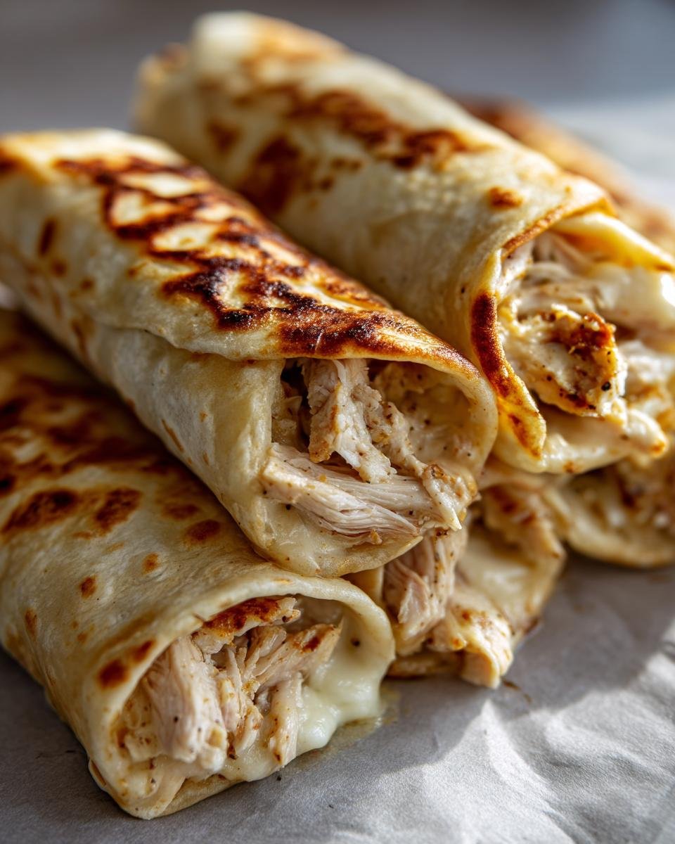 Close-up of Irresistible Chicken Alfredo Roll Ups, showing shredded chicken and melted cheese inside golden-brown crepes.