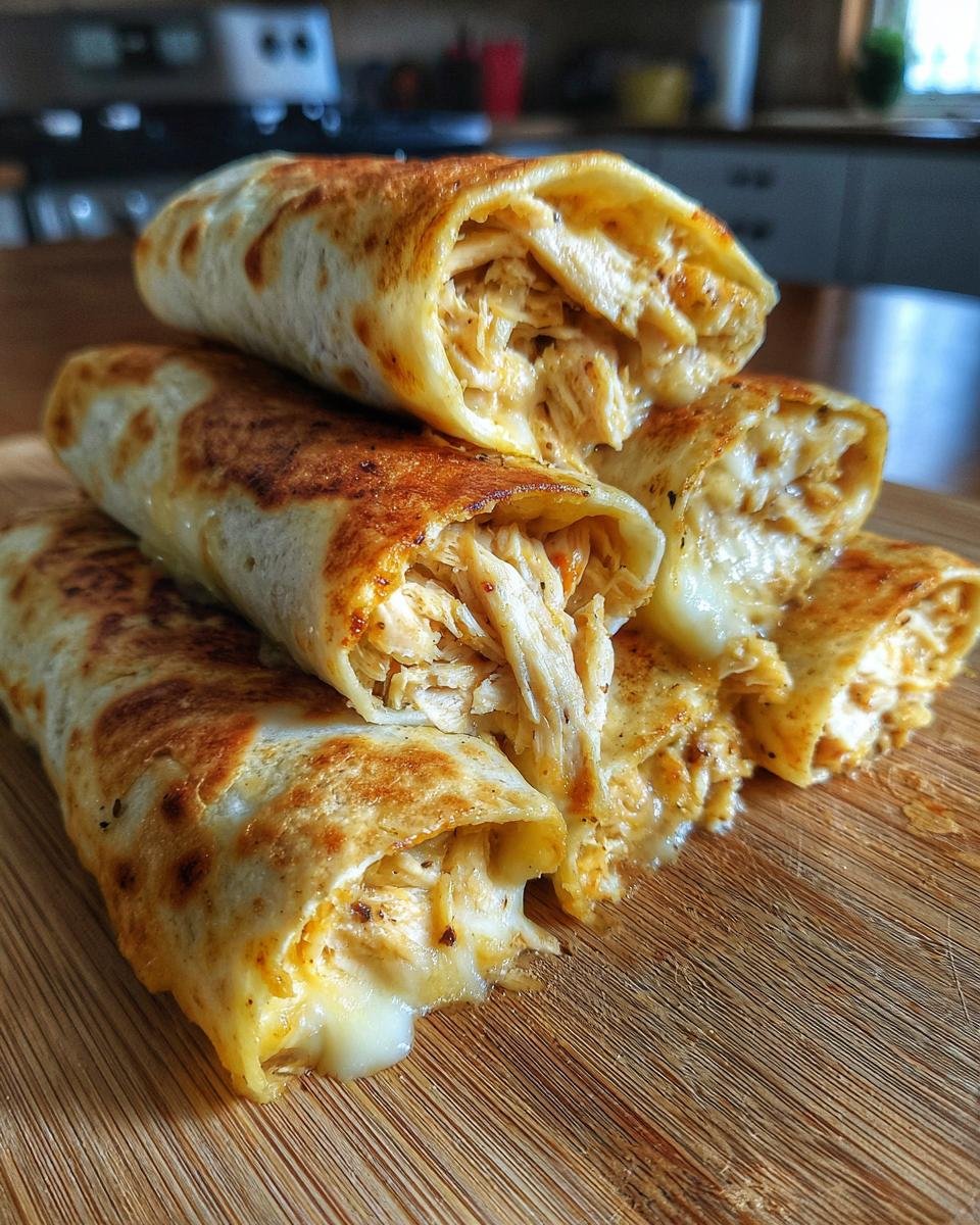 Close-up of Irresistible Chicken Alfredo Roll Ups, showing shredded chicken and melted cheese spilling out.