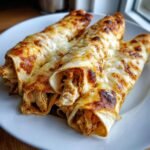 Three Irresistible Chicken Alfredo Roll Ups Cheesy Delight on a white plate, topped with melted cheese and golden-brown tortilla.