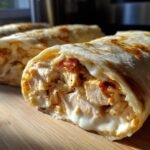 Close-up of Irresistible Chicken Alfredo Roll Ups Cheesy Delight, showing tender chicken and creamy alfredo sauce wrapped in a tortilla.