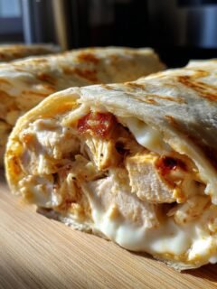 Close-up of Irresistible Chicken Alfredo Roll Ups Cheesy Delight, showing tender chicken and creamy alfredo sauce wrapped in a tortilla.