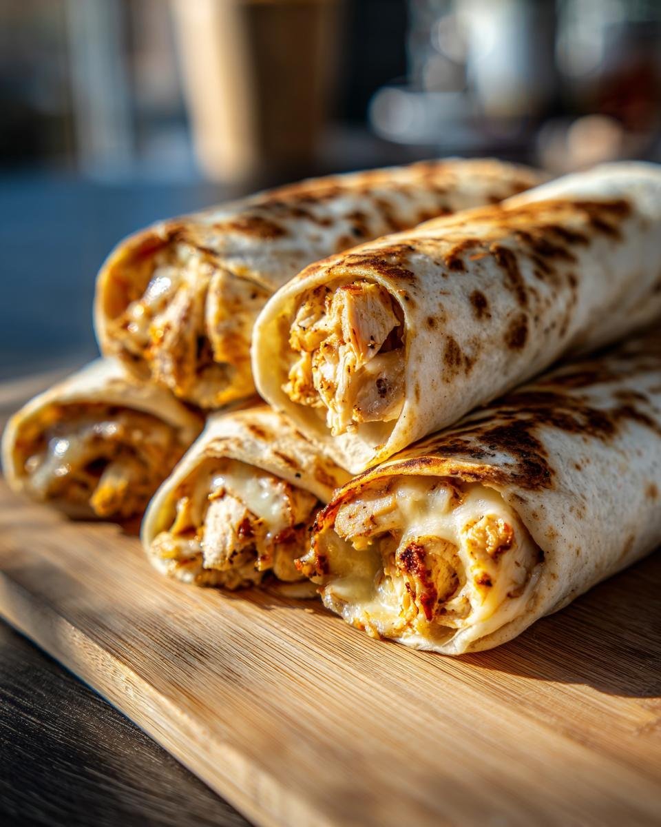 Close-up of Irresistible Chicken Alfredo Roll Ups, showing shredded chicken and melted cheese spilling out.