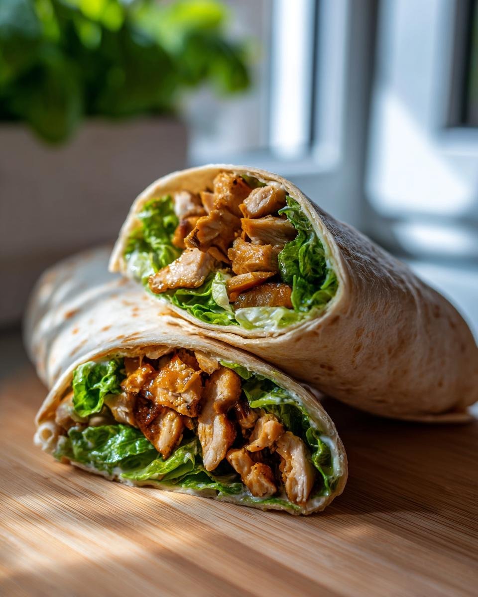 Close-up of an irresistible chicken Caesar wrap cut in half, showing seasoned chicken, crisp lettuce, and creamy dressing.