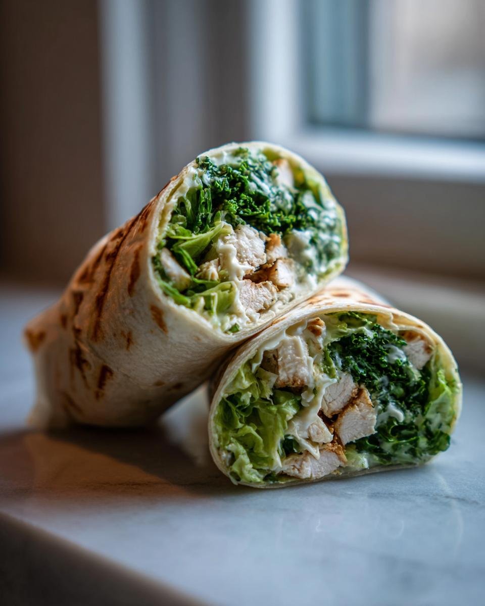 A halved Irresistible Chicken Caesar Wrap, showing grilled chicken, crisp lettuce, and creamy Caesar dressing.