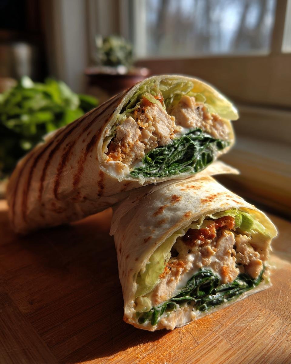 A close-up of an Irresistible Chicken Caesar Wrap Recipe, cut in half to show chicken, lettuce, and creamy dressing.