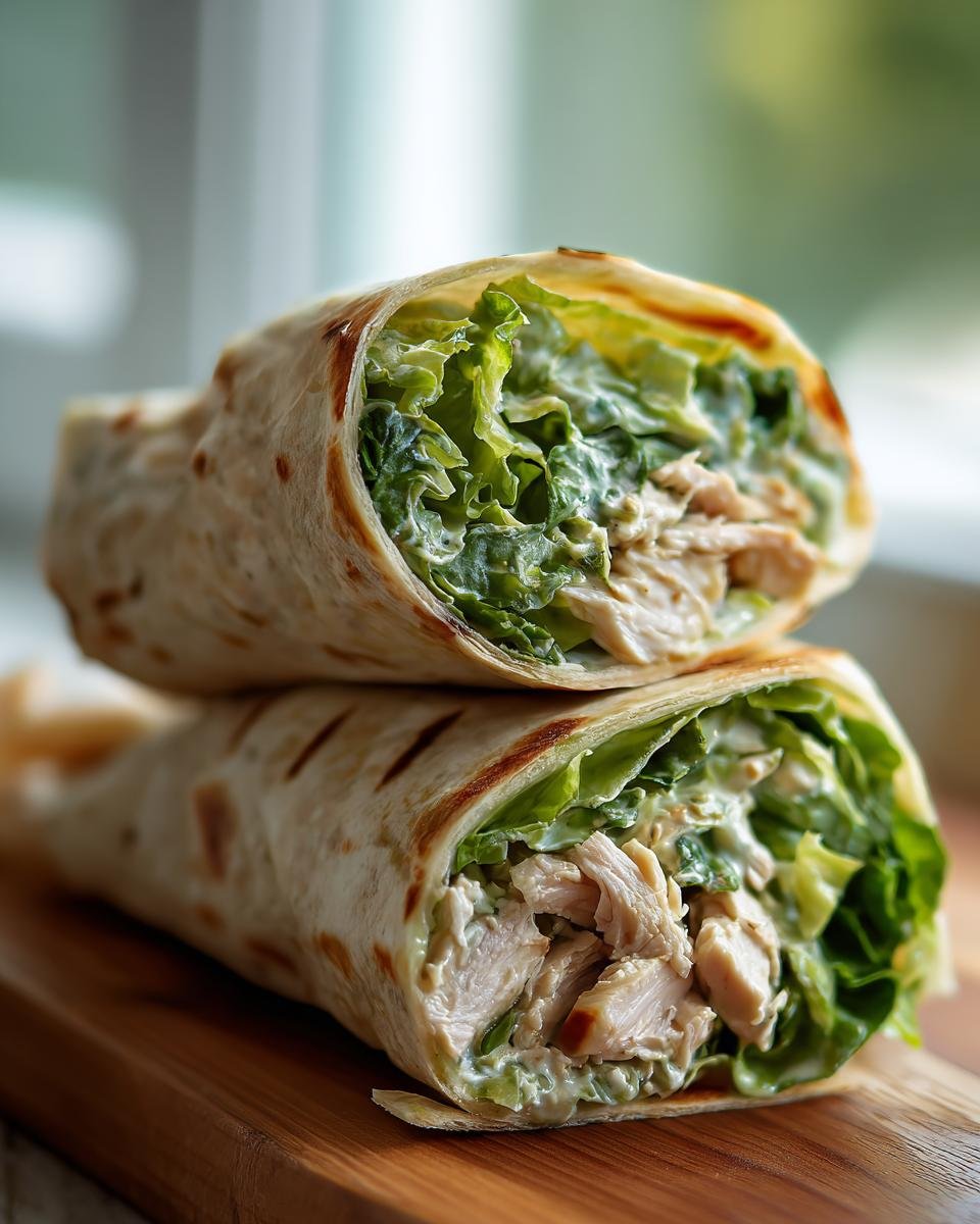 Two halves of an Irresistible Chicken Caesar Wrap, filled with shredded chicken, crisp lettuce, and creamy Caesar dressing.