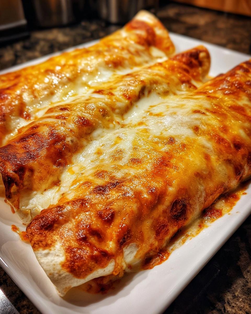 Close-up of three Irresistible Chicken Enchiladas With Sour Cream Sauce, baked with melted cheese on a white plate.