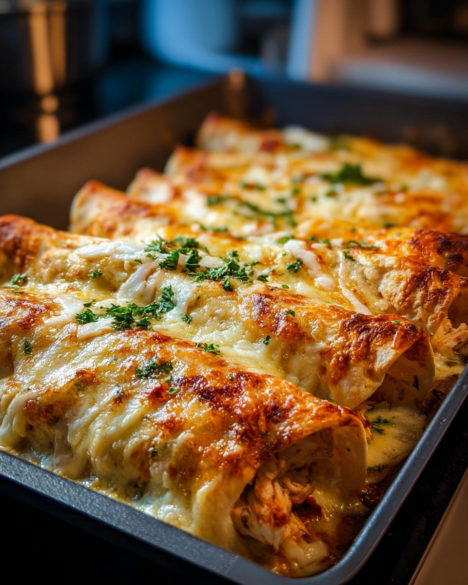 Close-up of Irresistible Chicken Enchiladas With Sour Cream Sauce baked in a dish, topped with melted cheese and parsley.