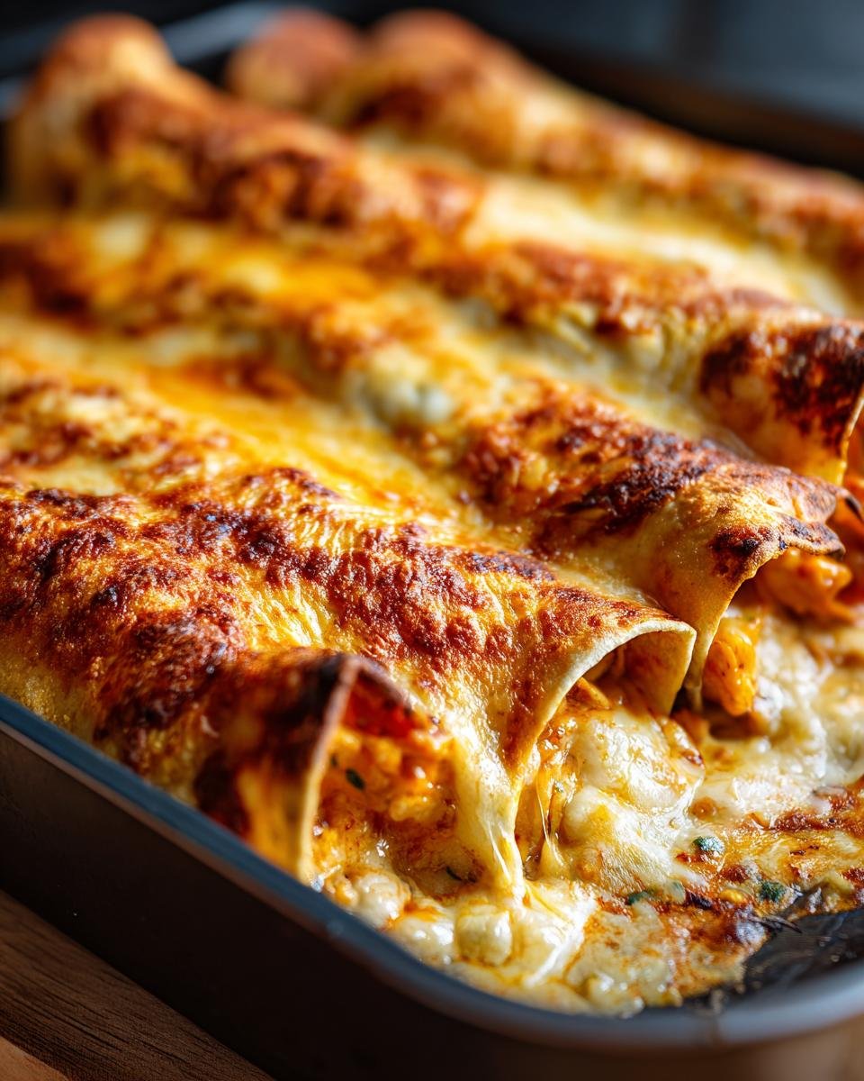 Close-up of Irresistible Chicken Enchiladas With Sour Cream Sauce, bubbling with melted cheese in a baking dish.