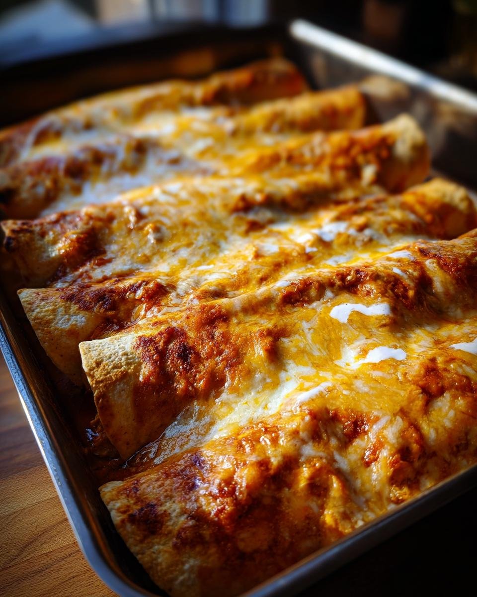 A close-up of freshly baked Irresistible Chicken Enchiladas With Sour Cream Sauce in a baking dish, covered in melted cheese and sauce.