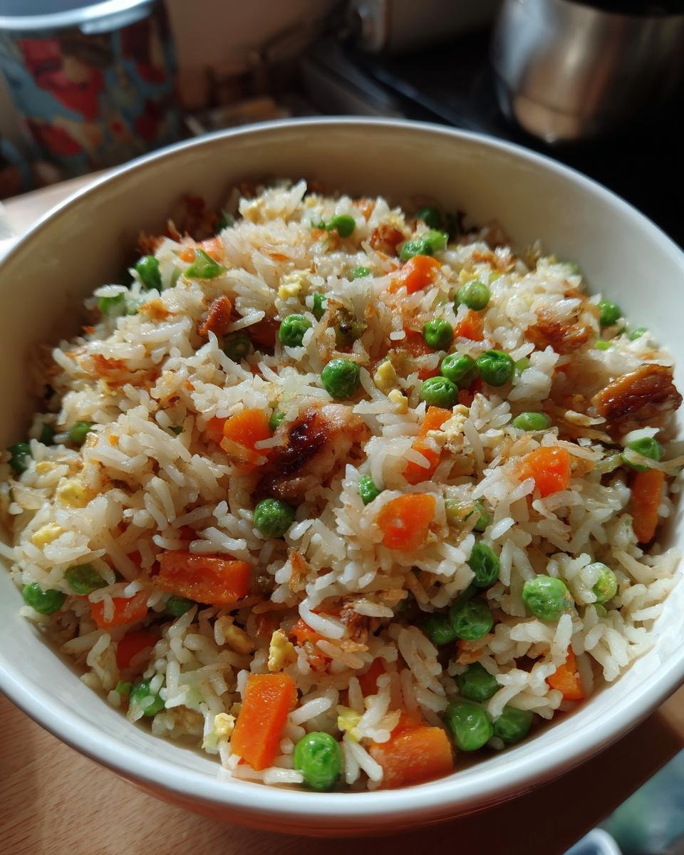 A bowl of Irresistible Chicken Fried Rice With Vegetables, featuring fluffy rice, peas, carrots, and scrambled egg.