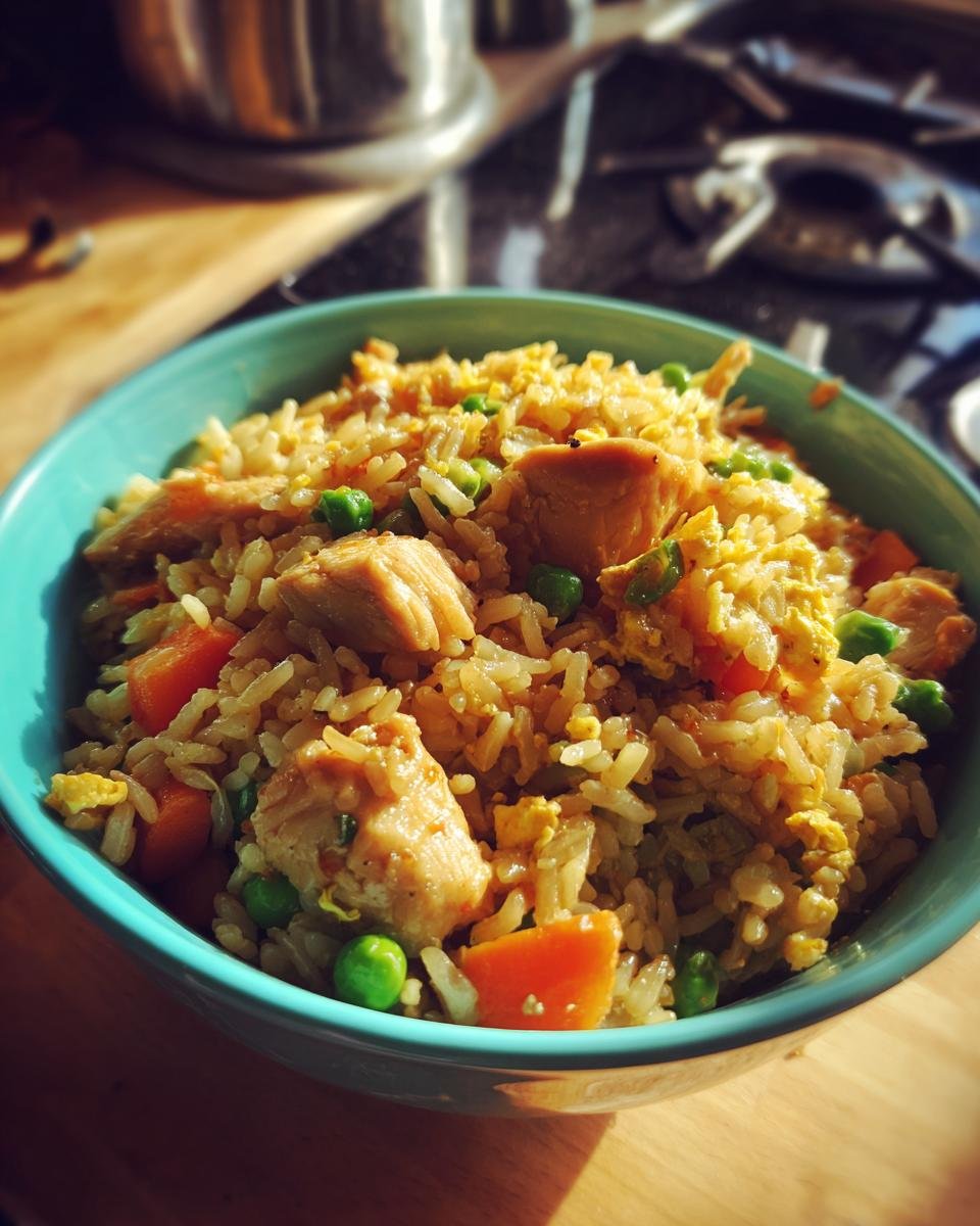 A close-up bowl of Irresistible Chicken Fried Rice With Vegetables, featuring tender chicken, peas, carrots, and scrambled egg.