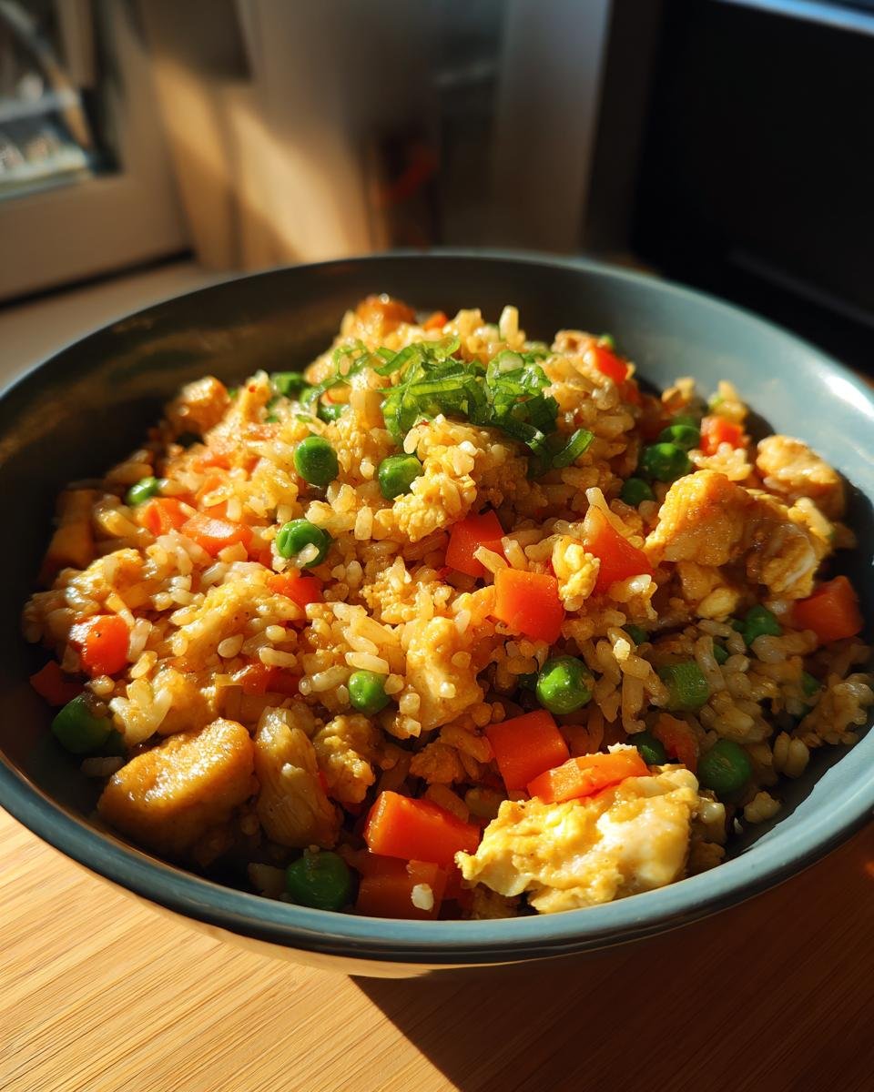 A close-up bowl of Irresistible Chicken Fried Rice With Vegetables, featuring rice, chicken, peas, carrots, and scrambled eggs, garnished with green onions.