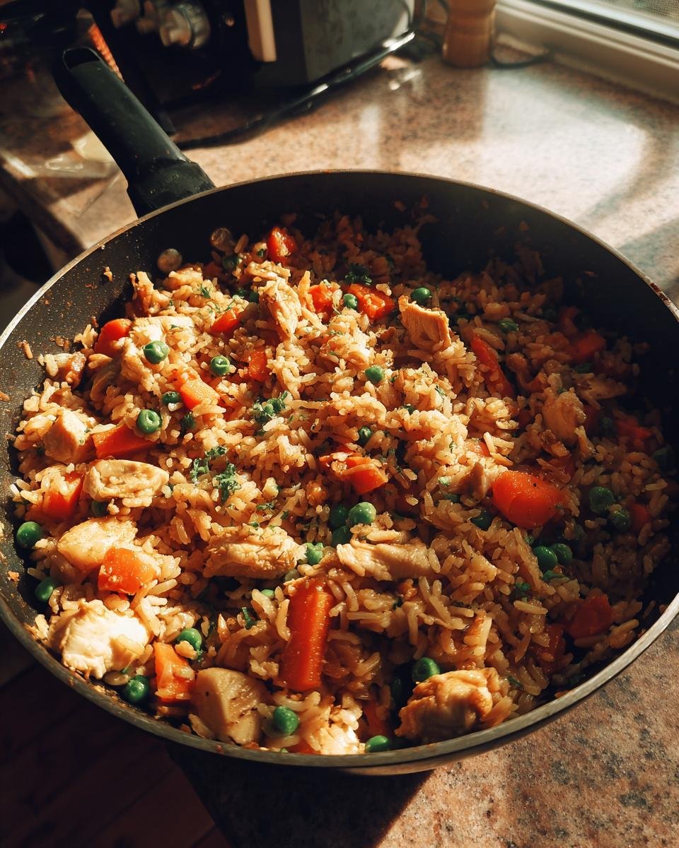 A close-up of Irresistible Chicken Fried Rice With Vegetables cooked in a pan, featuring rice, chicken pieces, carrots, and peas.
