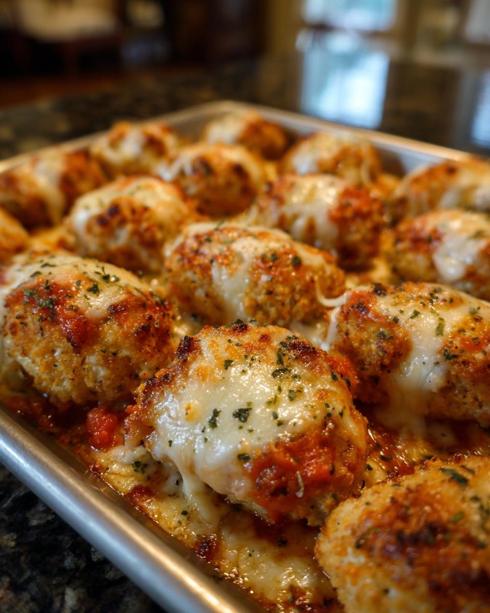 Close-up of Irresistible Chicken Parmesan Bites covered in melted cheese and marinara sauce on a baking sheet.
