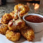 Close-up of Irresistible Chicken Parmesan Bites, with one bite being pulled apart to reveal melted cheese and marinara sauce.