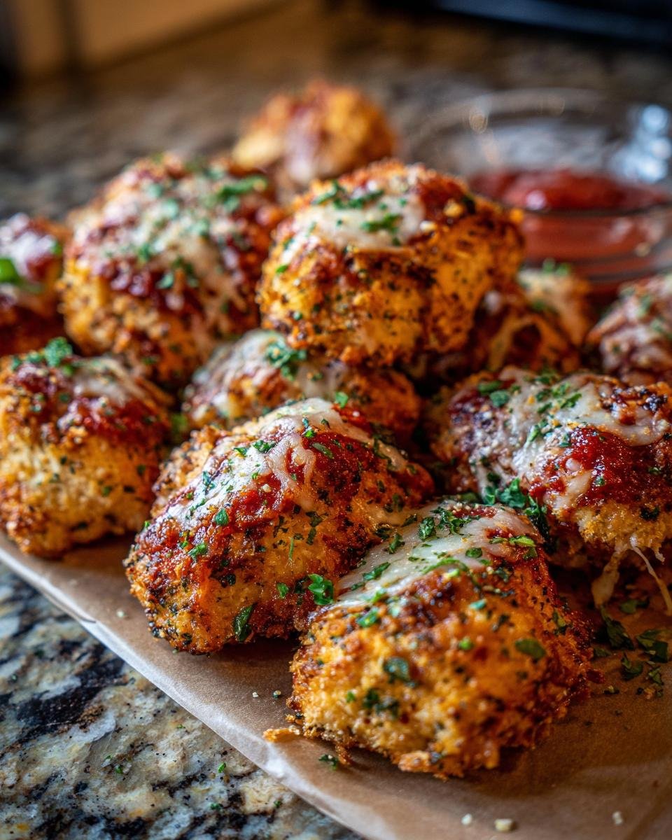 Close-up of Irresistible Chicken Parmesan Bites, golden brown and topped with marinara sauce, melted cheese, and parsley.