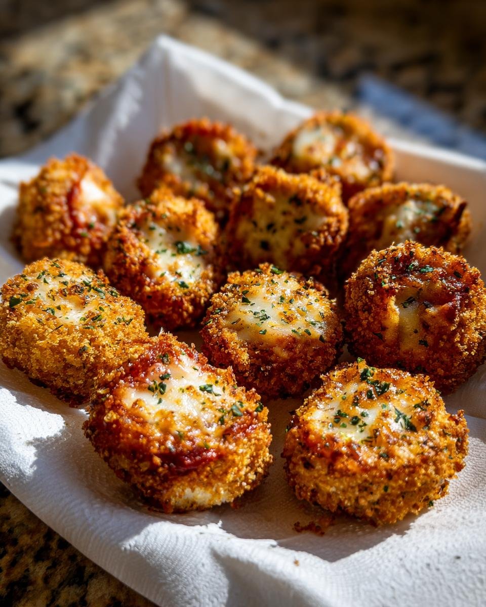 A close-up of golden-brown, breaded Irresistible Chicken Parmesan Bites snack, topped with melted cheese and herbs.