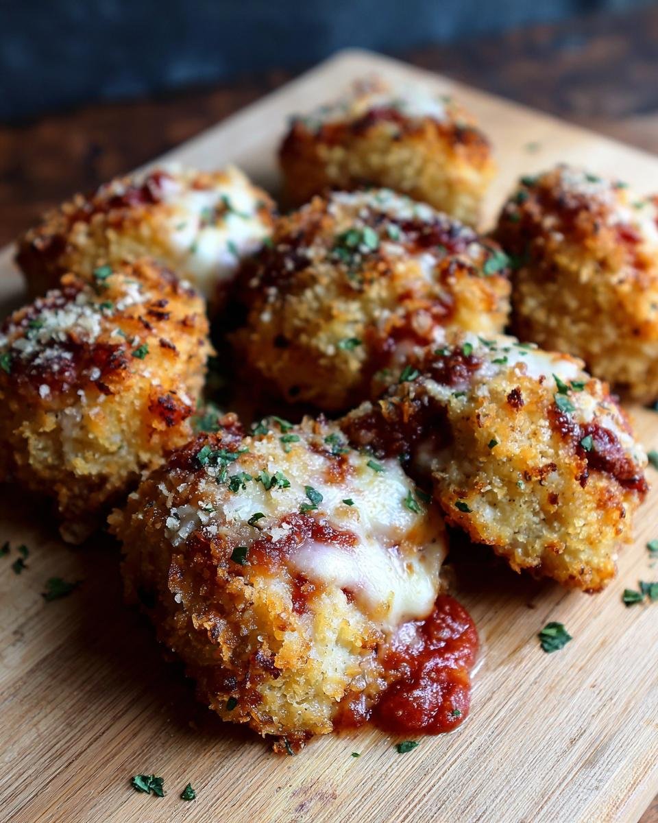 Close-up of Irresistible Chicken Parmesan Bites, golden brown and crispy, with melted mozzarella and marinara sauce.