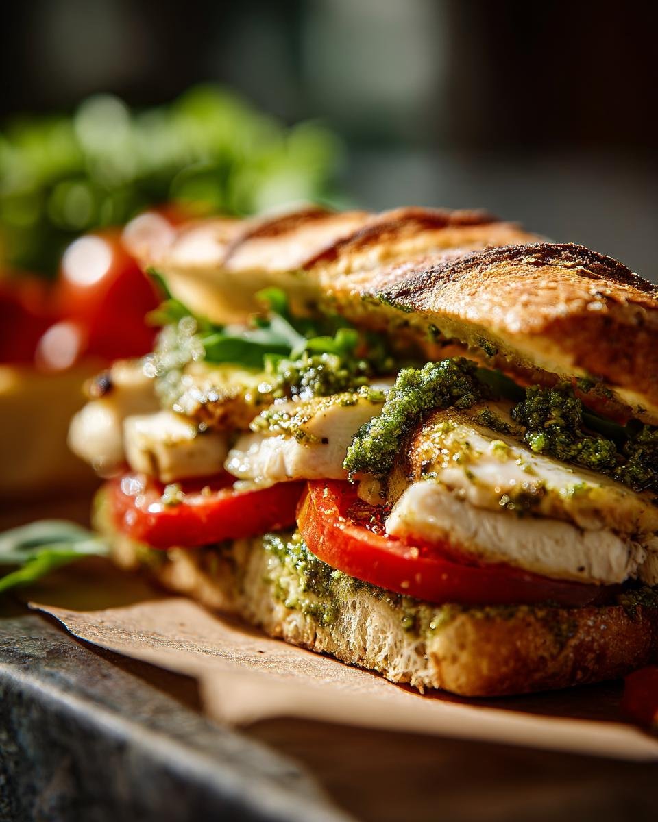 Close-up of an Irresistible Chicken Pesto Sandwich with grilled chicken, fresh tomatoes, and pesto on a toasted baguette.