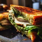 A close-up of an Irresistible Chicken Pesto Sandwich, showcasing grilled bread, tender chicken, and vibrant pesto.