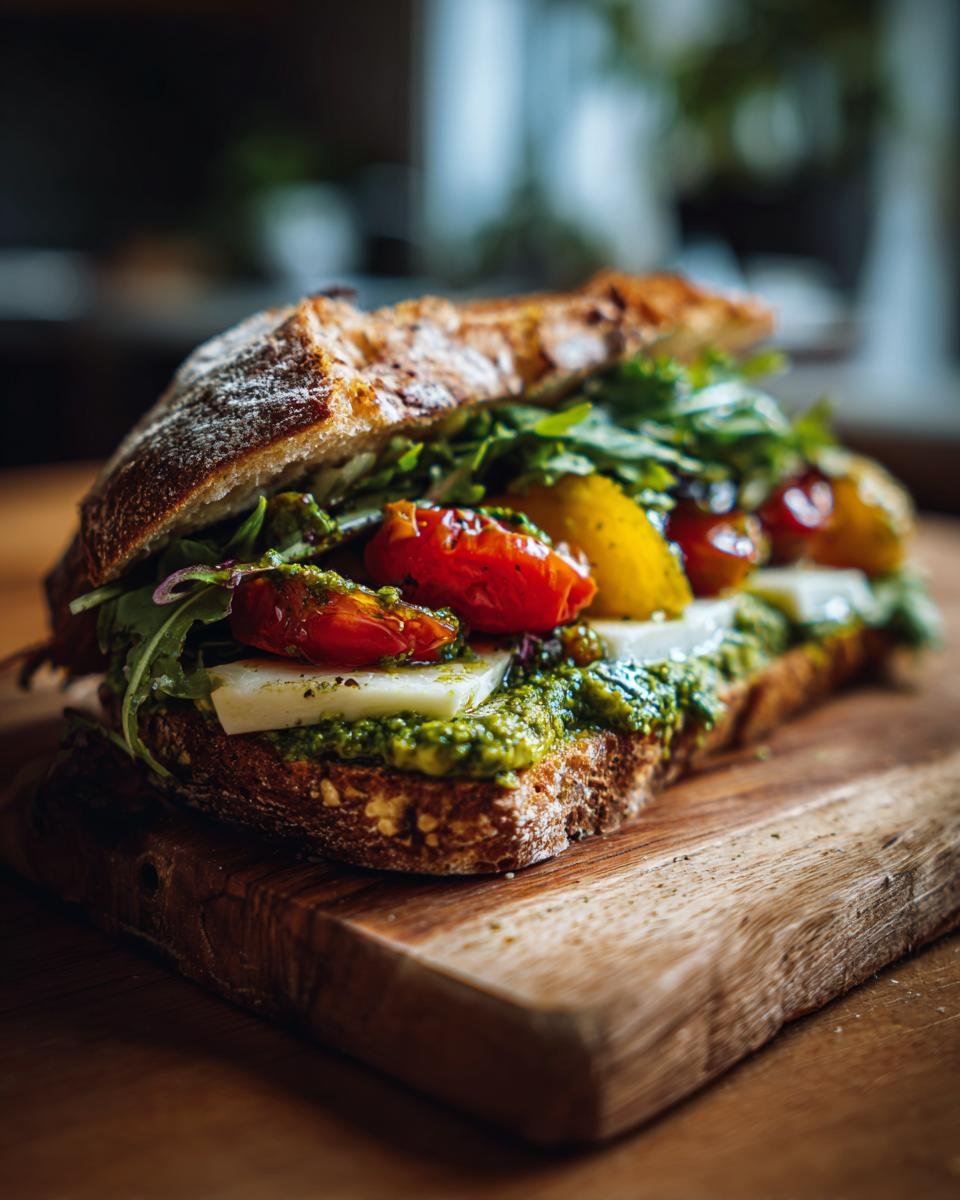 Close-up of an Irresistible Chicken Pesto Sandwich on a wooden board, featuring pesto, cheese, tomatoes, and arugula.