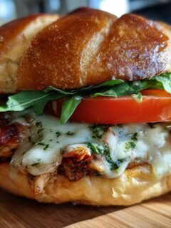 A close-up of an Irresistible Chicken Pesto Sandwich with melted cheese, tomato, and arugula on a bun.