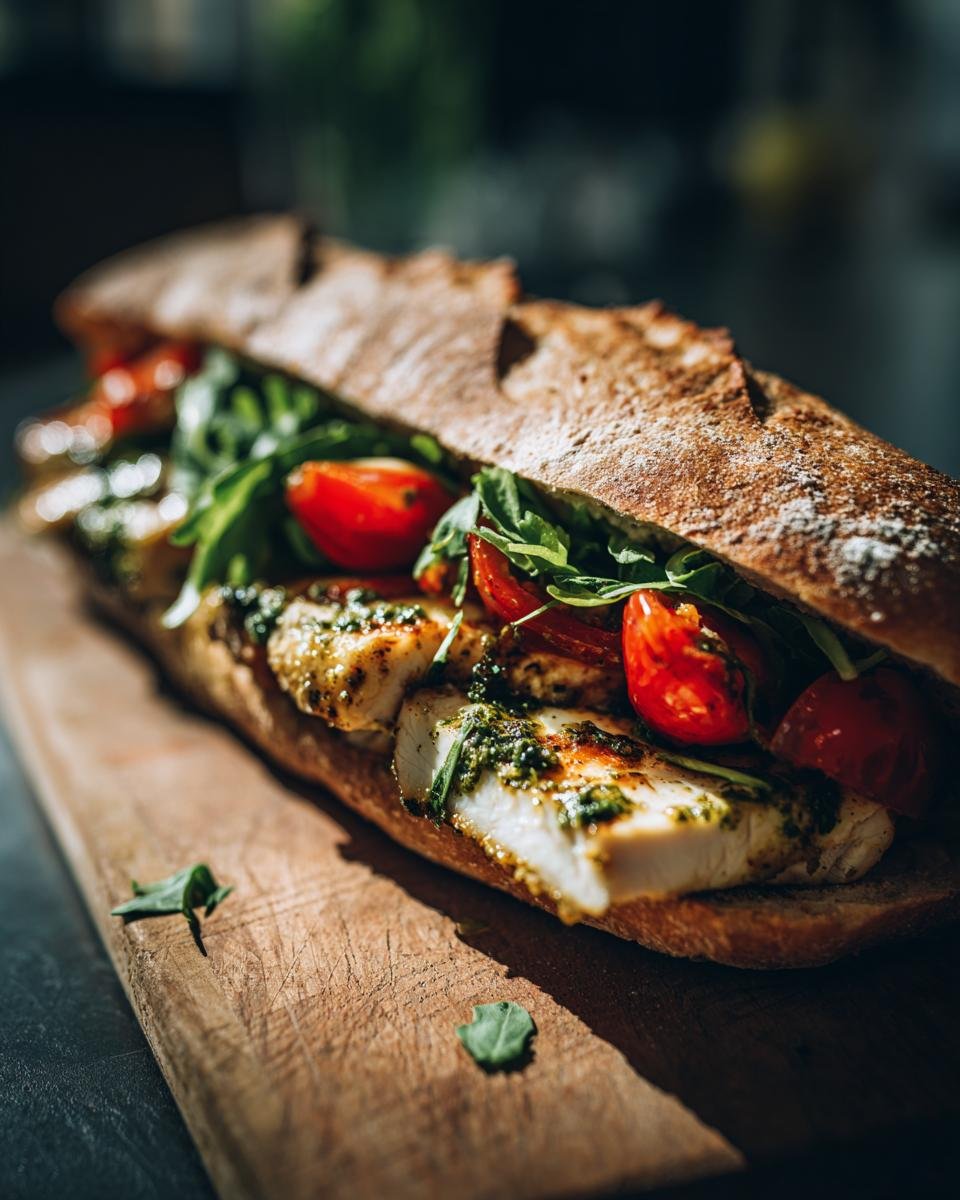 A long, crusty baguette filled with grilled chicken, pesto, cherry tomatoes, and arugula for an irresistible chicken pesto sandwich.
