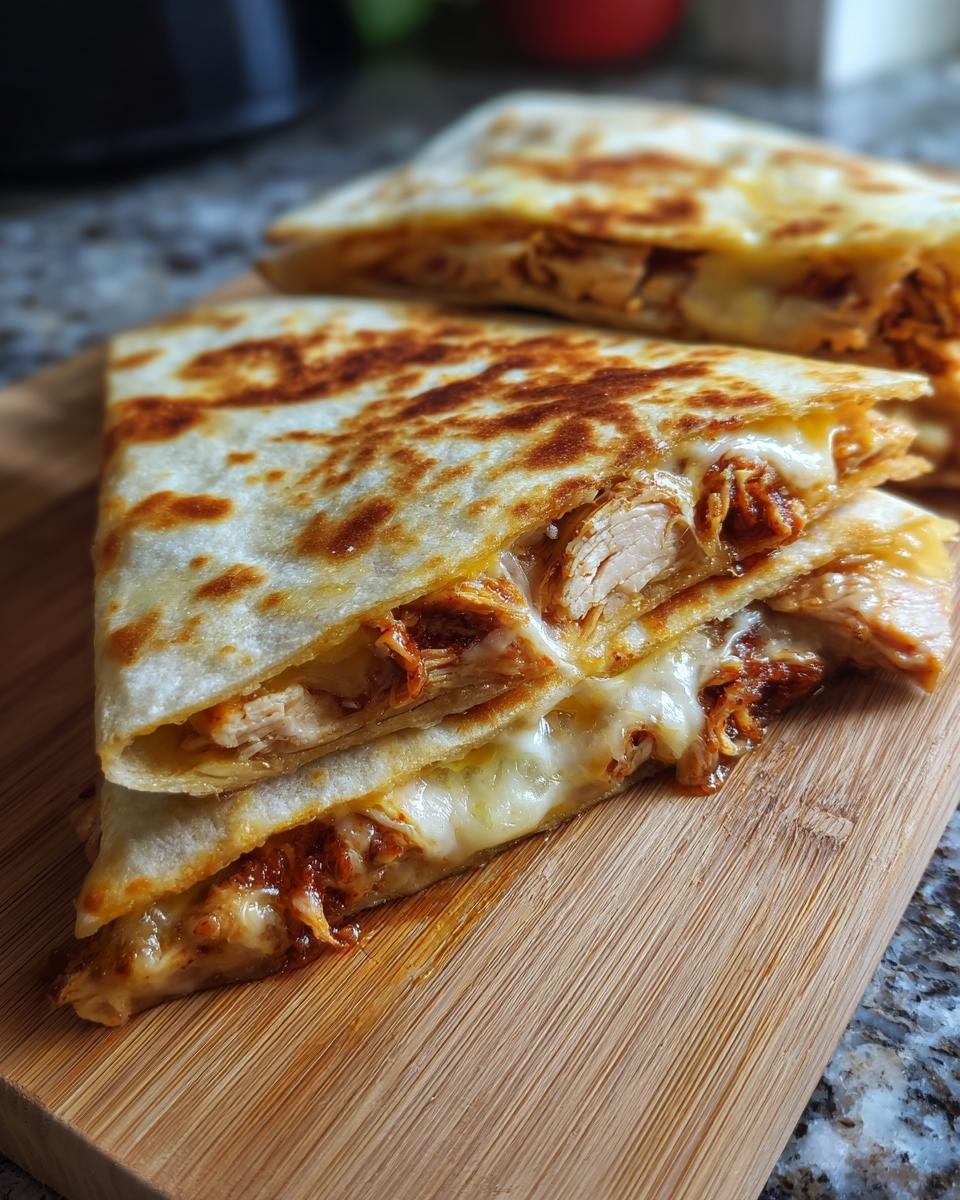 Close-up of Irresistible Chicken Quesadillas With Jalapeño Cheese, showing melted cheese and shredded chicken inside.
