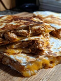 Close-up of Irresistible Chicken Quesadillas With Jalapeño Cheese, showing melted cheese and shredded chicken.