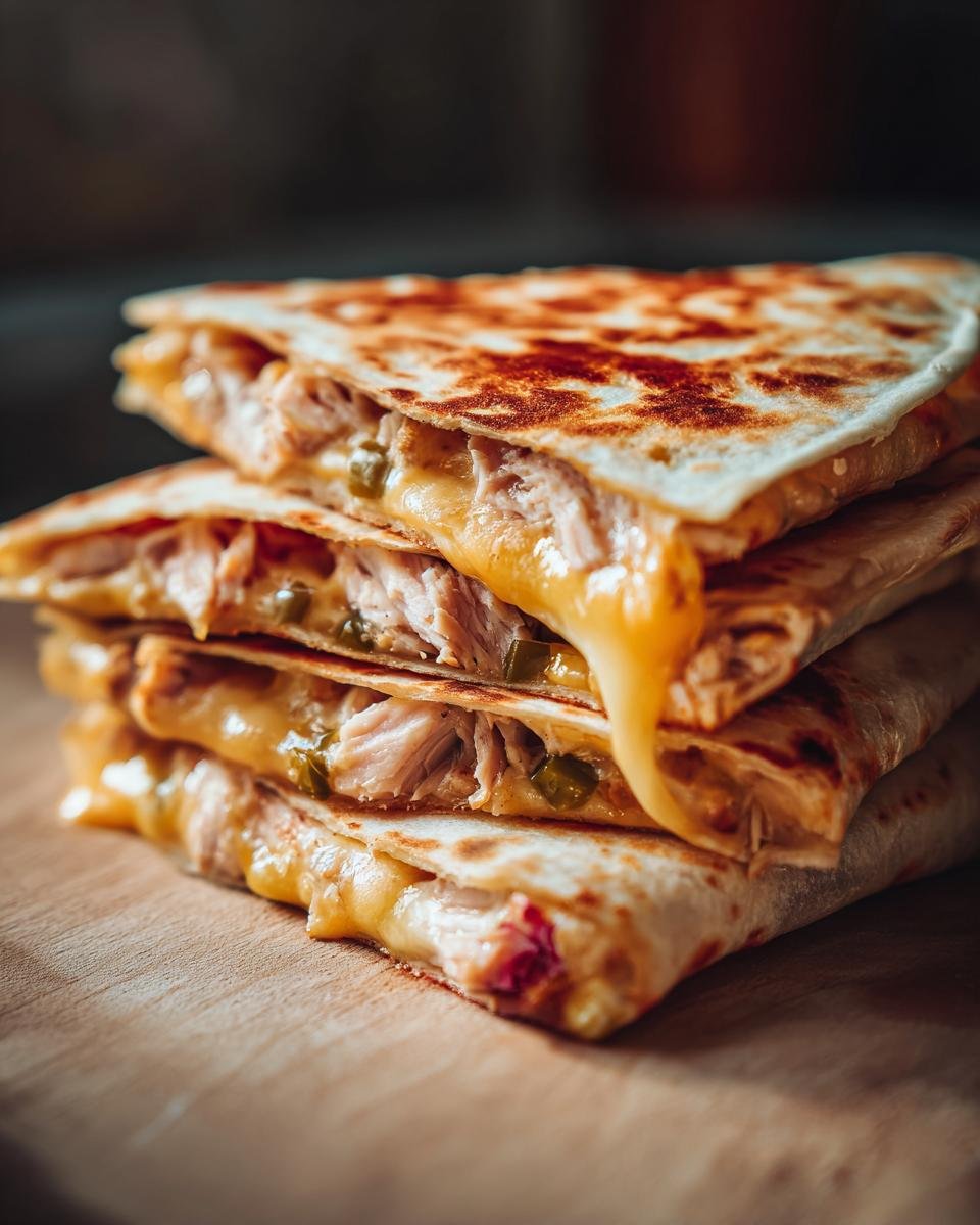 A stack of Irresistible Chicken Quesadillas With Jalapeño Cheese, with melted cheese oozing out.