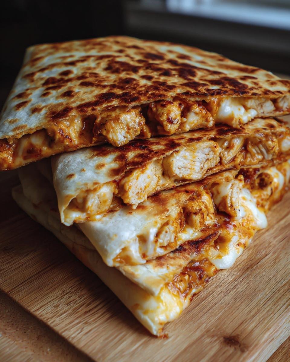 A stack of Irresistible Chicken Quesadillas With Jalapeño Cheese, showing gooey melted cheese and seasoned chicken.