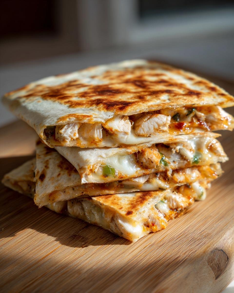 A stack of Irresistible Chicken Quesadillas with melted jalapeño cheese and visible chicken filling.