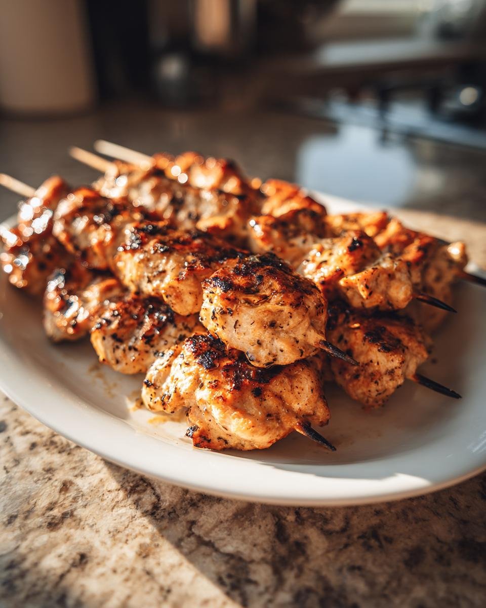 A plate of perfectly grilled, irresistible chicken skewers, ready for a summer meal.